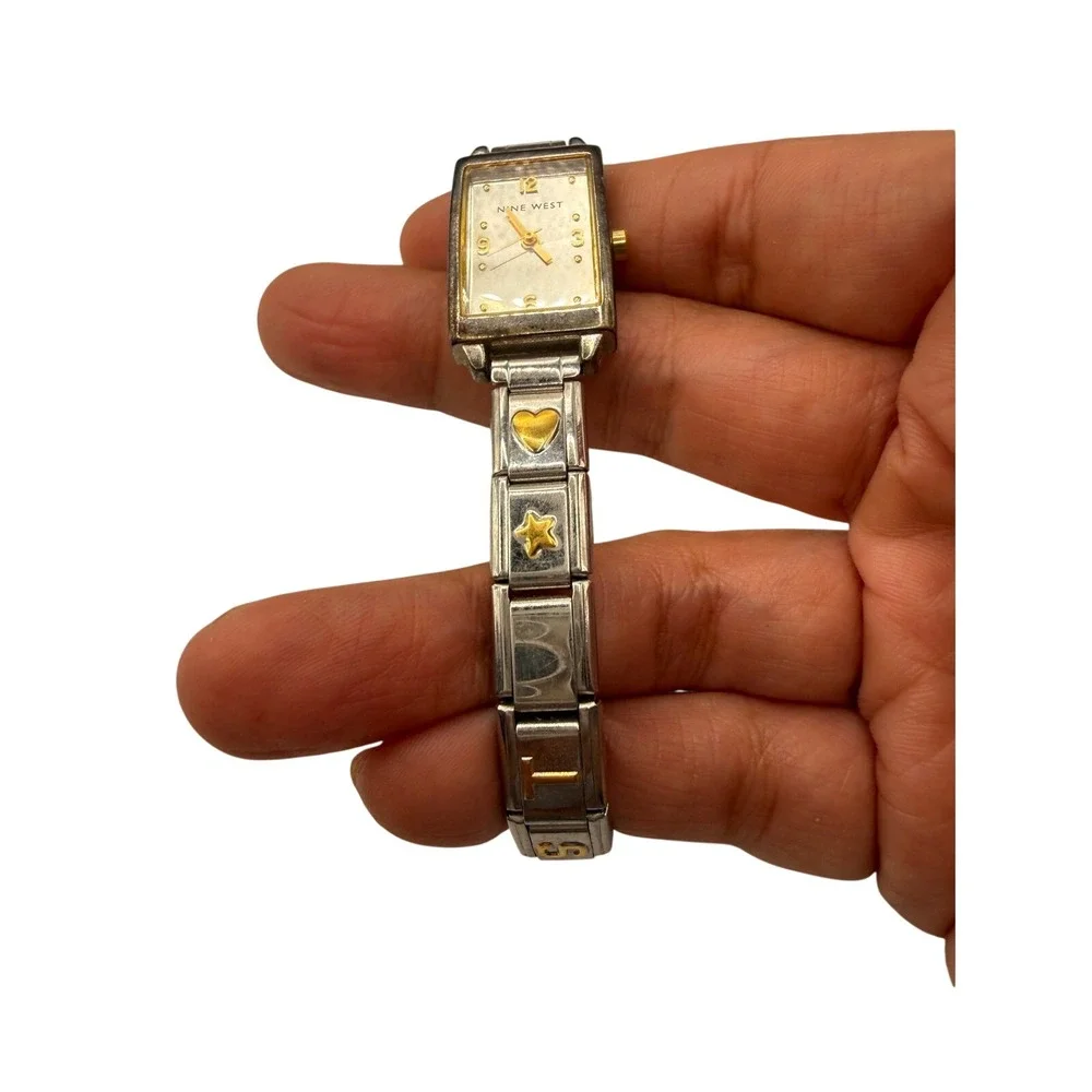 Nine West Rectangle Face Watch Gold Heart Star Charm Two Tone need‎ battery